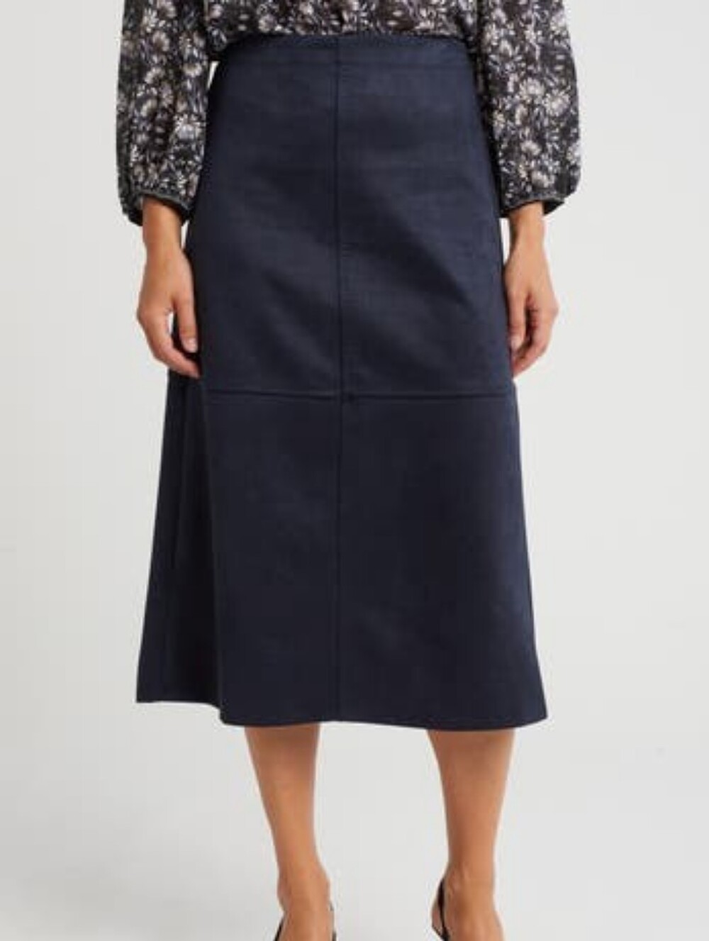 Max Studio Navy Faux Suede A-Line Midi Skirt, size Large